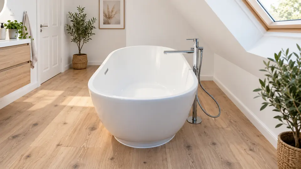 Freistehende weiße Badewanne mit bodenstehender Armatur in einem hellen Bad