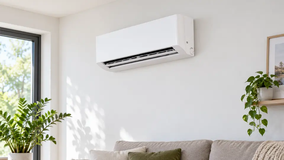 Wandmontiertes Klimagerät in einem hellen Wohnraum