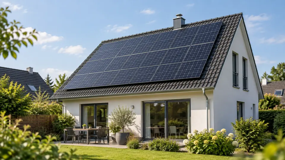 Photovoltaikmodule auf dem Dach eines Wohnhauses